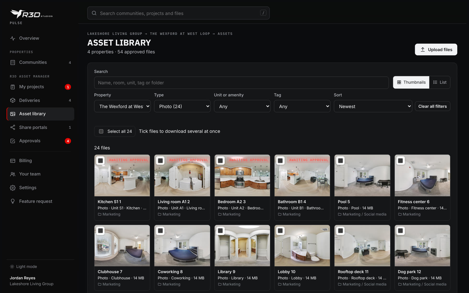 The asset library: every photo of a property, with tags and folders
