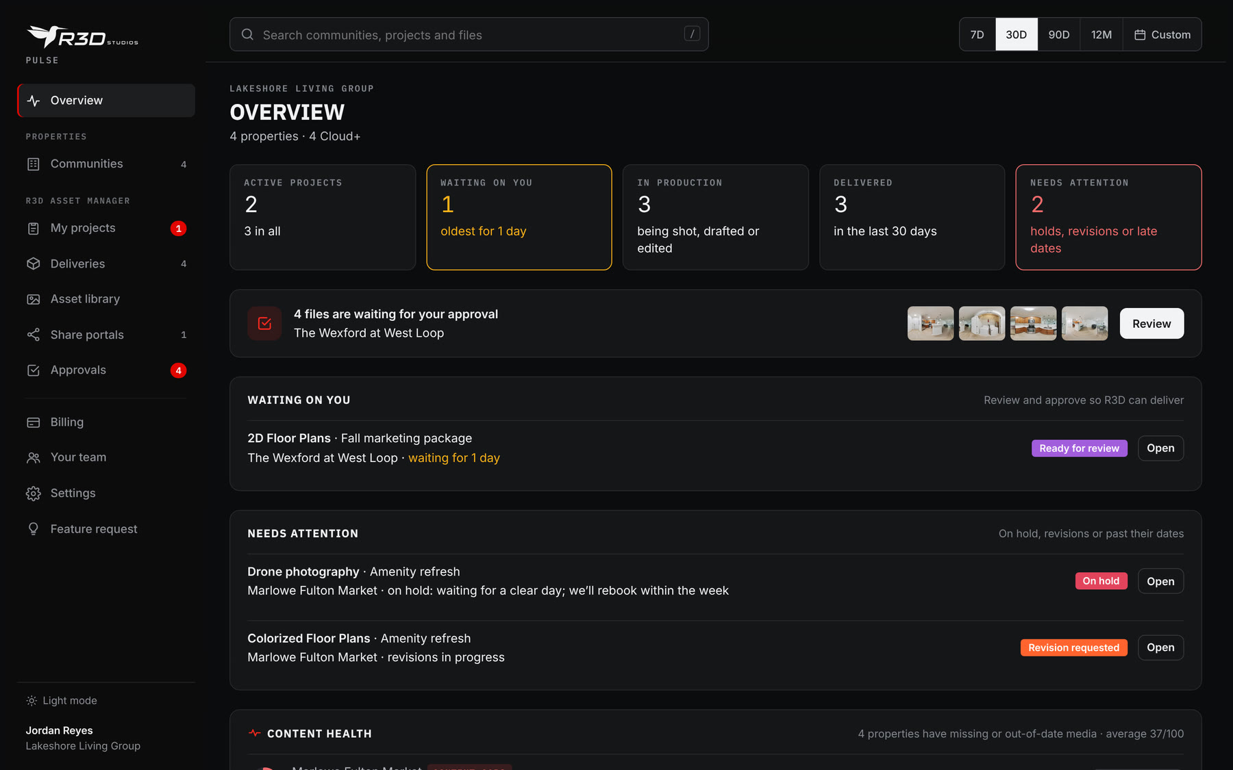 The Pulse overview: projects waiting on you, uploads to approve, content health